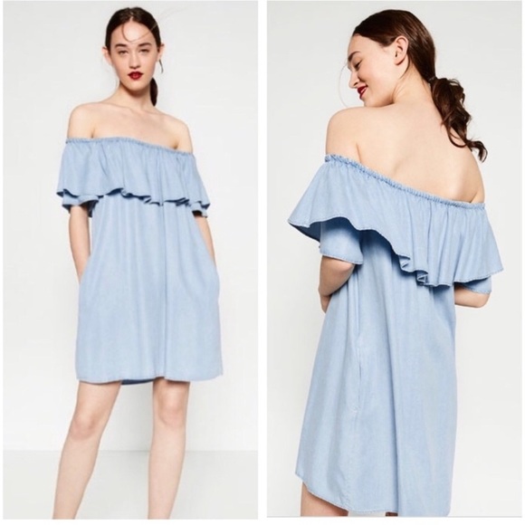 Zara Off-Shoulder Blue denim Dress - Picture 1 of 6